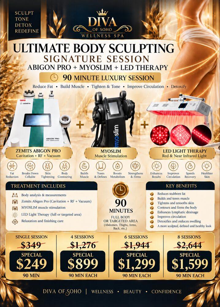 Ultimate Body Sculpting Signature Session: Abigon Pro, MYOSlim and LED, 90 minutes, special from $249