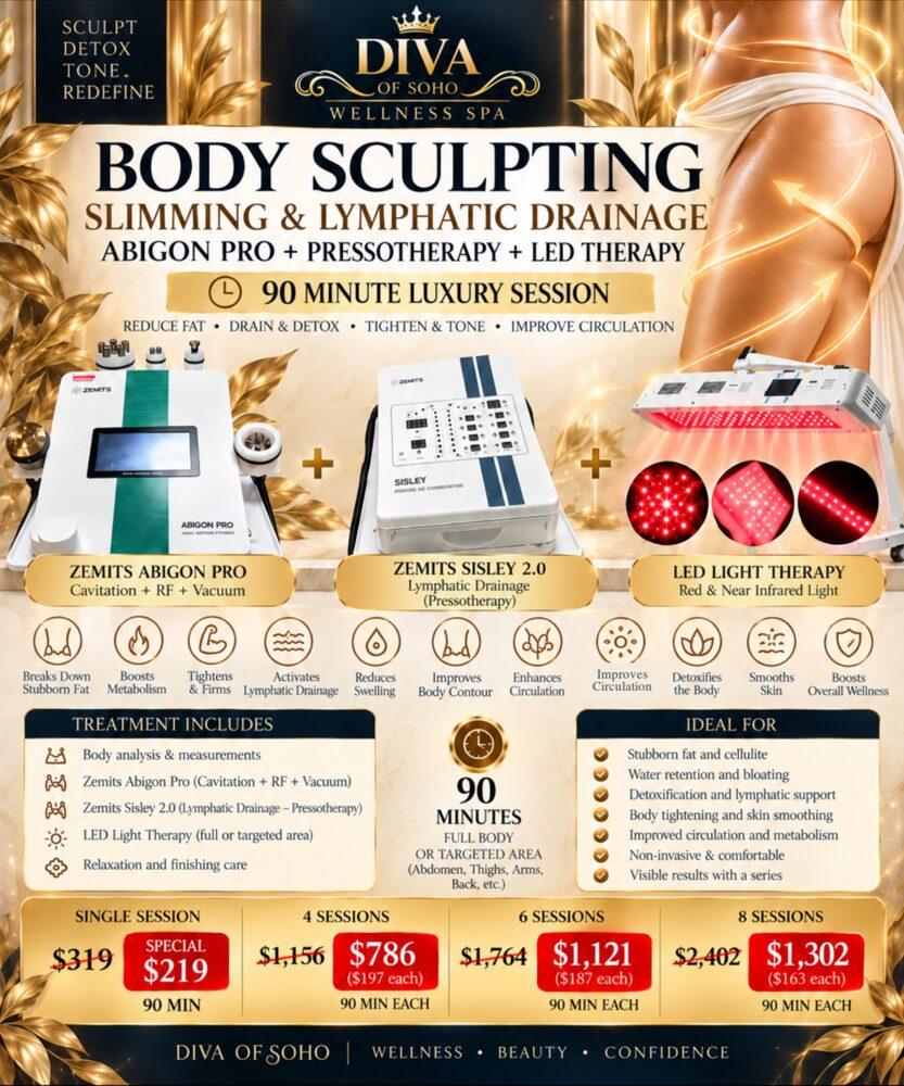 Body Sculpting Slimming and Lymphatic Drainage: Abigon Pro, Sisley 2.0 and LED, 90 minutes, special from $219