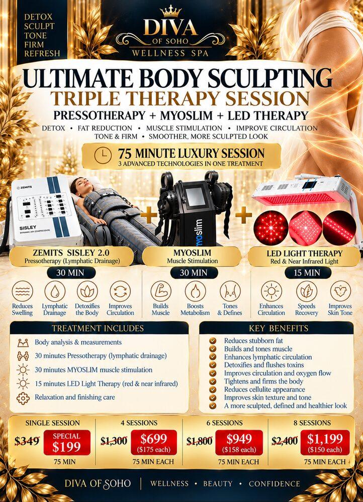 Ultimate Body Sculpting Triple Therapy: pressotherapy, MYOSlim and LED, 75 minutes, special from $199